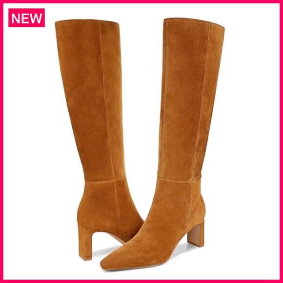 Knee High Boots Chunky Heel Square Toe Side Zipper Fall Dress Shoes - Picture 5 of 8